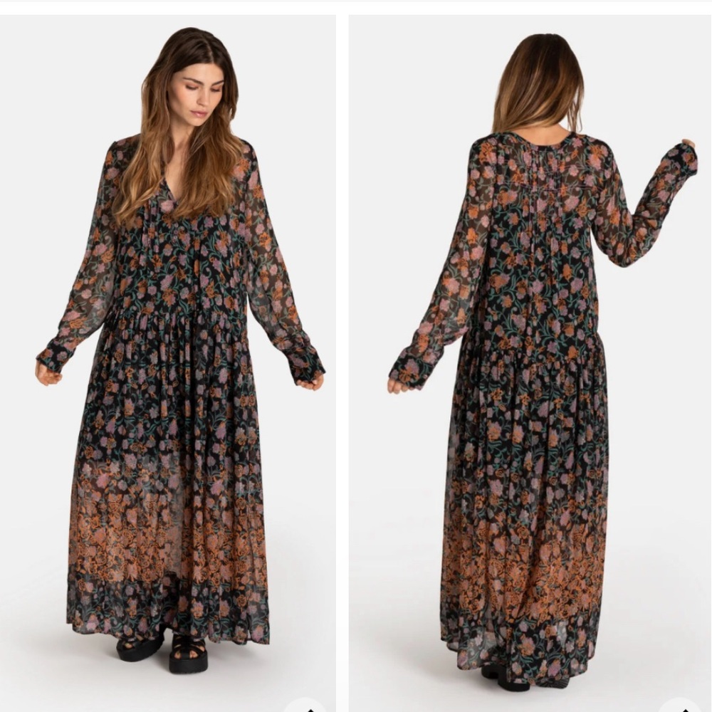 Free People Black Floral Maxi Dress with Rust and Teal Accents